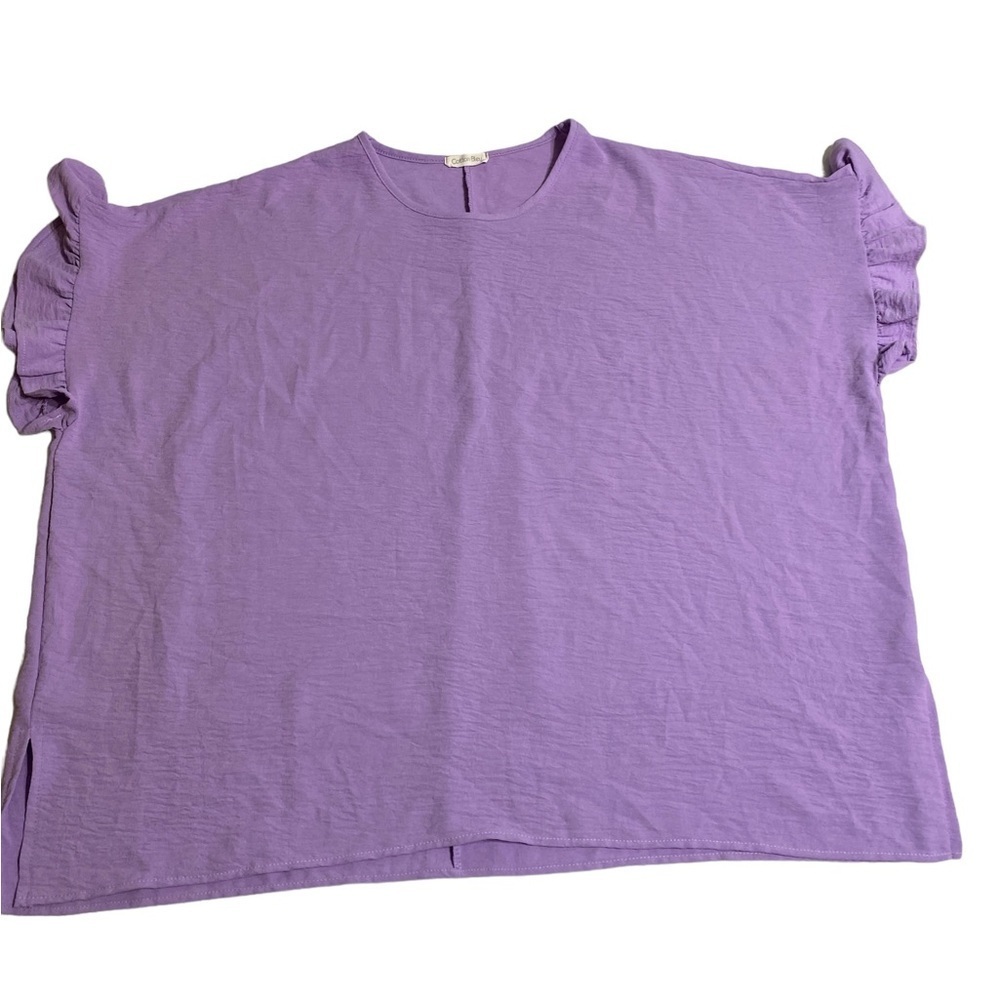 Cotton Bleu violet crew neck oversized plus 2X crinkle ruffle sleeve blouse